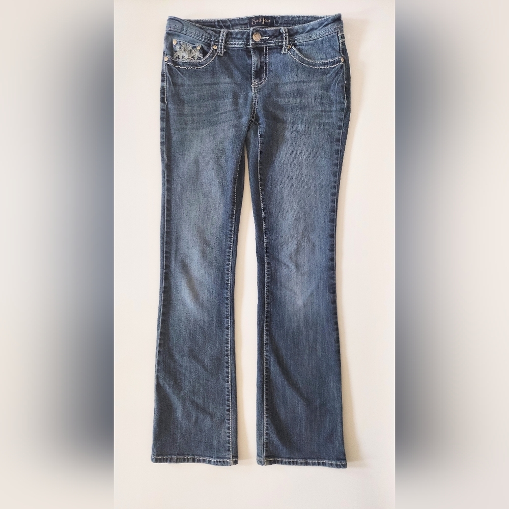 Earl Jeans Low Rise Bootcut Fleur De Lis Studded Pocket Jeans Size 5 Stretch VTG